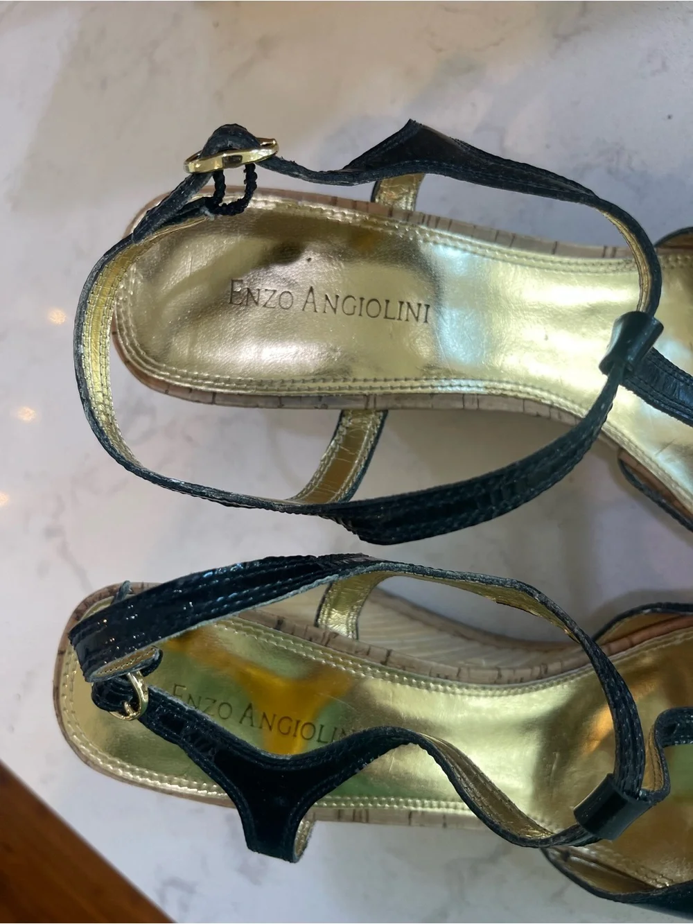 Enzo Angiolini Black Patent Leather T-Strap Bamboo Wedge Sandals Womens 11